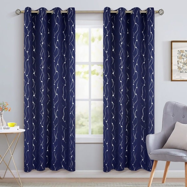 Navy Blue Blackout Curtains 84" Long 2 Panel Grommet Insulated Room Blackout Curtains with Wavy Line and Print Bedroom, 52 x 84"