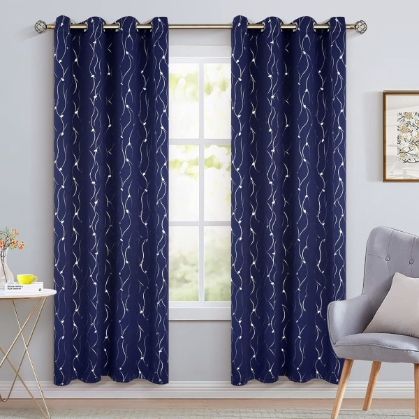 Navyblå Blackout Gardiner 84\" Lange 2 Panel Grommet Isolerede Rum Blackout Gardiner med Bølget Linje og Print Soveværelse, 52 x 84\"