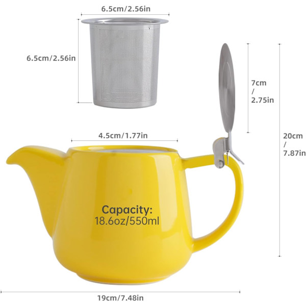 Posliininen teekannu SLS-kannella ja irrotettavalla infuusorilla, 550 ml/18,6 unssia keraaminen kantoteekeitin kukkivalle ja irtoteelle Yellow