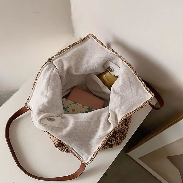 Handgjord mjuk stor halm axelväska retro boho tote väskor sommar strand vävd väska rotting handväska - brun -