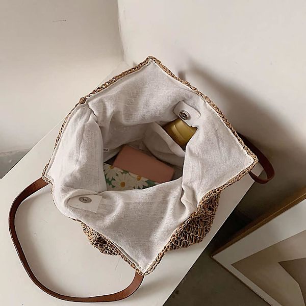 Håndvævet blød stor strå skuldertaske Retro Boho Tote tasker sommer strand vævet taske Rattan håndtaske - Brun -