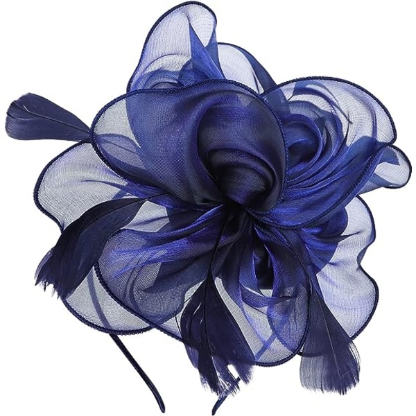 Fjer Fascinatorer til Kvinder og Piger Blomst Organza Derby Hat Ascot Hatte Elegant Cocktail Te Selskab Hat Hovedbeklædning med Klips & Hårbånd(Marineblå)