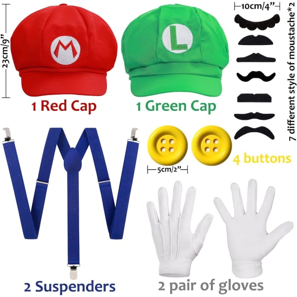 Mordely Super Mario Bros., Mario och Luigi, hatt, cap, mustasch, handskar, knappar, hängslen - Cosplay Costume