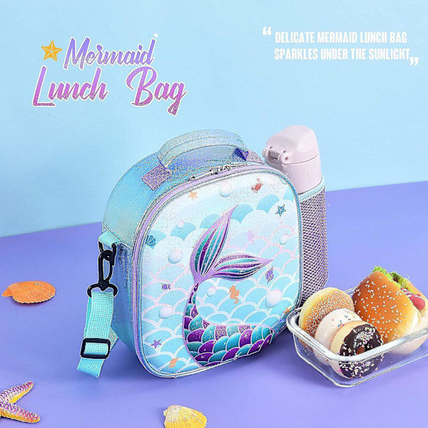 Lunchväska med sjöjungfru - 3D-isolerad lunchlåda för flickor, picknick i skolan, shopping, lunch, glänsande crossbody