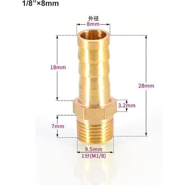 Sæt med 3 messing slangestudser 8 mm til 1/8\" udvendigt BSP gevind slangetilslutning