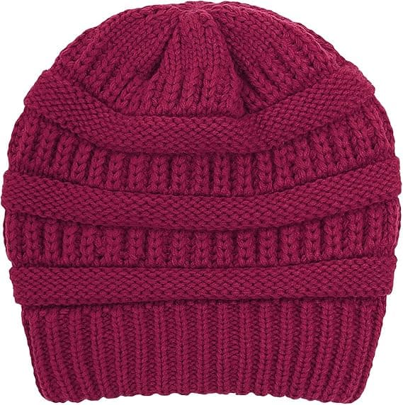 Vintervarm Stickad Mössa med Satinfoder Kabel Stickad Beanie Chunky Slouchy Skallehatt för Kvinnor Wine Red