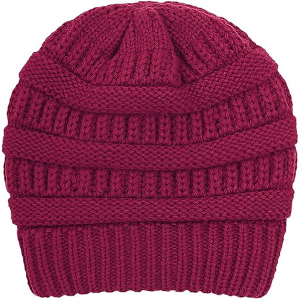 Vintervarm Strikket Hat med Satinforing Kabelstrikket Beanie Chunky Slouchy Skull Cap til Kvinder Wine Red
