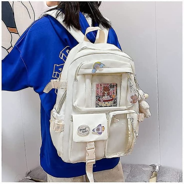 Æstetiske skoletasker med Kawaii-nål og sødt tilbehør Kawaii-rygsæk til teenagepiger (hvid)