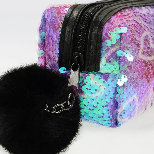 Sequin Preppy Pencil Case til piger, Fluffy Zip Pull Pouch Bag Holographic Pen Case Sparkling School Stuff Shimmery Glitter Makeup Bag (Lilla, Hjerte)