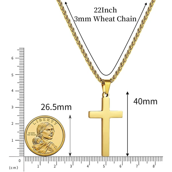 Kryds halskæde til mænd Drenge Kvinder 16-24 tommer rustfrit stål korsvedhæng kæde religiøs gave Gold 20 Inches