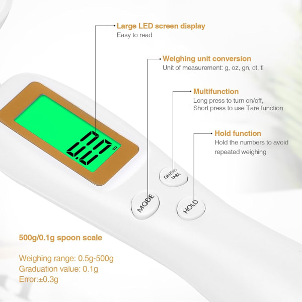 Digital mätning sked, vägnings sked skala 500g / 0.1g hög precision med LCD-skärm display för kök White