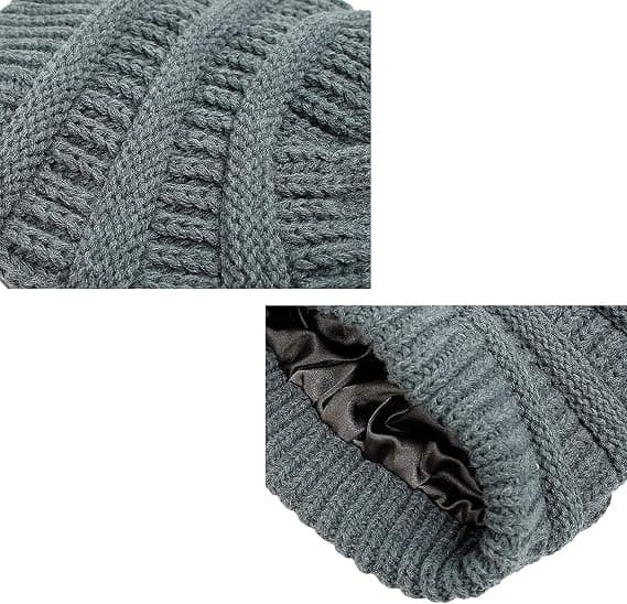 Vintervarm Stickad Mössa med Satinfoder Kabel Stickad Beanie Chunky Slouchy Skallehatt för Kvinnor Grey