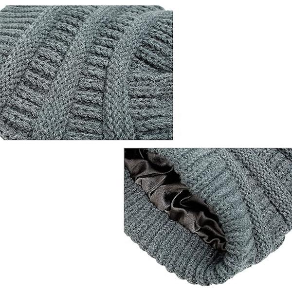 Vintervarm Strikket Hat med Satinforing Kabelstrikket Beanie Chunky Slouchy Skull Cap til Kvinder Grey