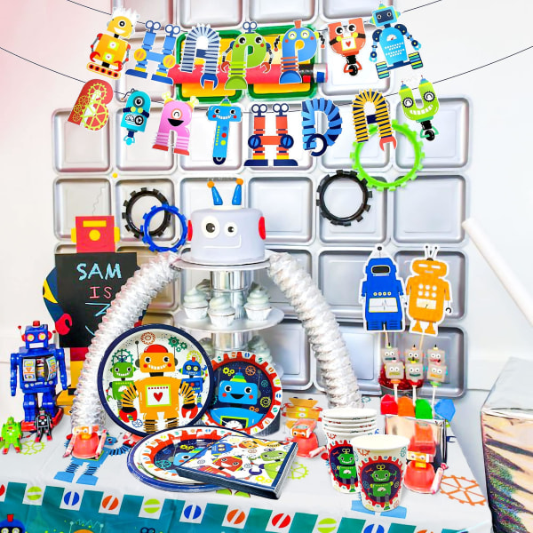 1 sett 130220cm Robottema Party Duk Robot Fest Borddeksel Tallerkener Kopper Robot Ballong Gutt Robot Bursdagsfest Dekorasjon 8Pcs forks