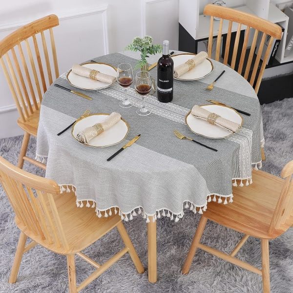 Rund dug i grå, 140 cm, vaskbar, i bomulds- og linnedstof, pletbestandig, med kvaster, stribet broderi til fødselsdag, bryllup, sofabord