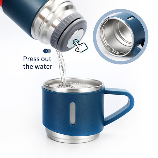 500 ml isolert termosflaske med 2 ekstra kopper i rustfritt stål, kaffekopp for reiser, lekkasjesikker kaffekopp Blue