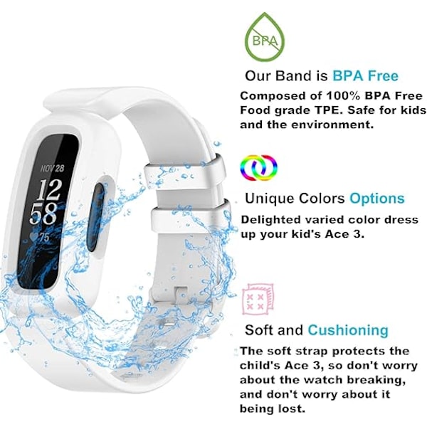 Remmer kompatibel med Fitbit Ace 3 for Kids, myk silikon vanntett armbånd tilbehør sportsklokke stropp erstatning for Fitbit Inspire 2/Ace 3 White