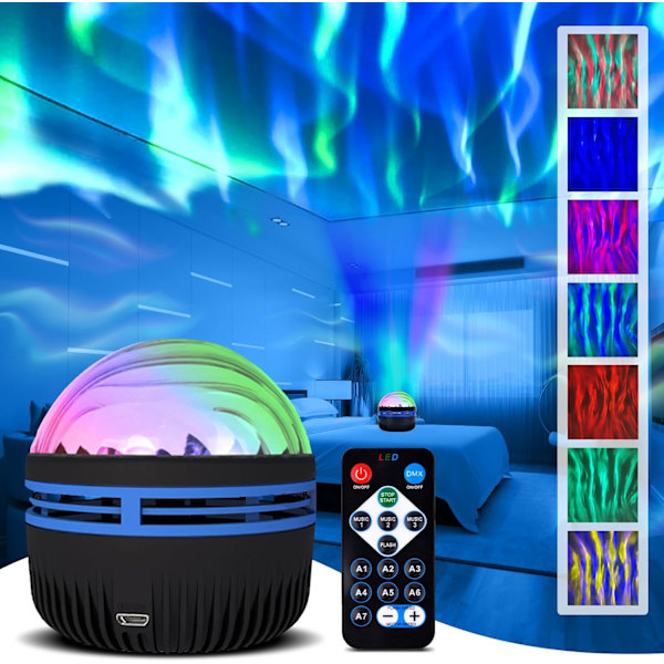 2 i 1 nordlys og havbølgeprojektor, RGB dimbar LED-projektorlampe med 7 lyseffekter, galakseprojektorlys for barn
