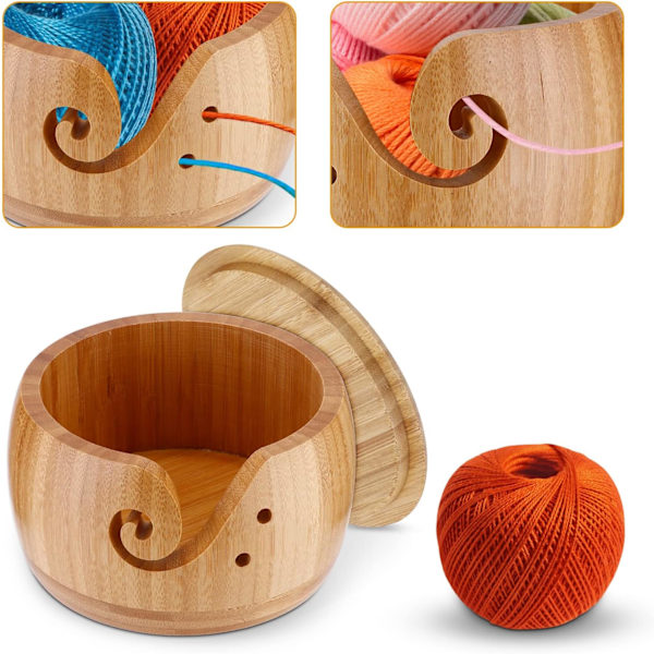 Trä stickningsskål, stickningsskålhållare, ullförvaringsskål, bambu stickningsskål med lock och elegant design, ullhållare organizer