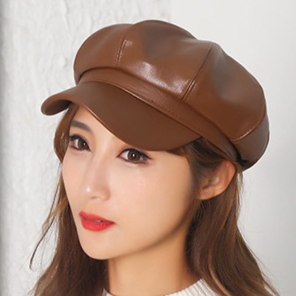 Pu Leather Cab Maler's Hat Gatsby Ivy Beret brown