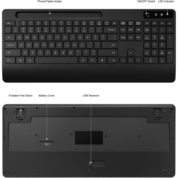 Langaton näppäimistö ja hiiri -setti Ergonomiset langattomat näppäimistö ja hiiri, puhelimen ja tabletin telineellä