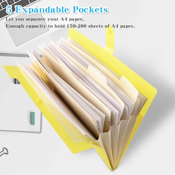 Expanderbar mapp, A4-pappersfickor Dragspelsdokumentväska Organizer Plånböcker Filer Mappar med spänne Stängning för skola Kontor, 5 fickor Yellow