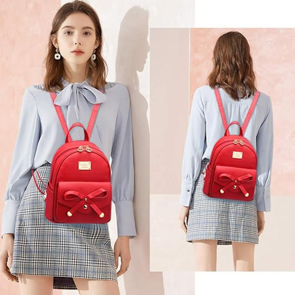 Kvinnors Ryggsäck Mini Ryggsäckar Flickor Rosett PU Läder Ryggsäck Handväska Söta Axelväskor Ryggsäck för Damer Liten Ryggsäck Tonåringar red