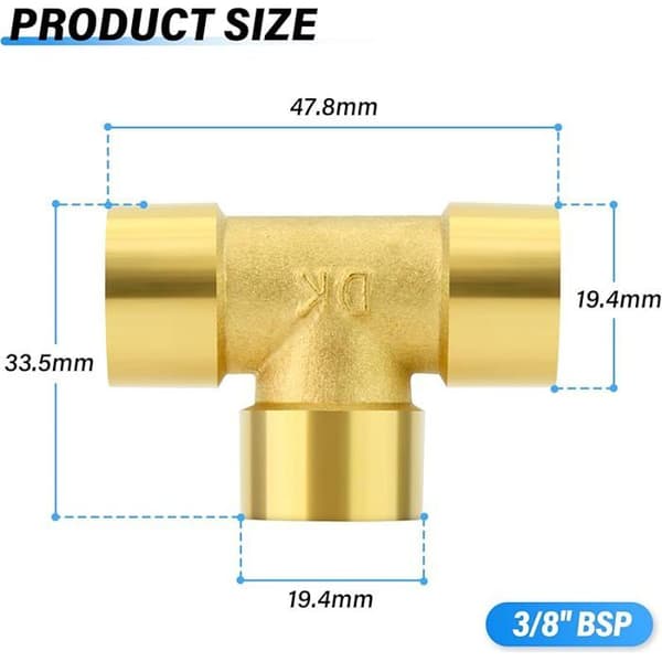 5 stk. messing T-fittings, 3/8\" x 3/8\" x 3/8\" BSP hunrørfittings