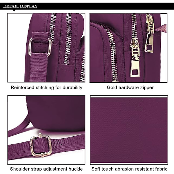 Cross Body Phone Bag Women, Nylon Wallet Shoulder Bag, 3 Layers Zipper Cell Phone Purse with Adjustable Strap (Lila)