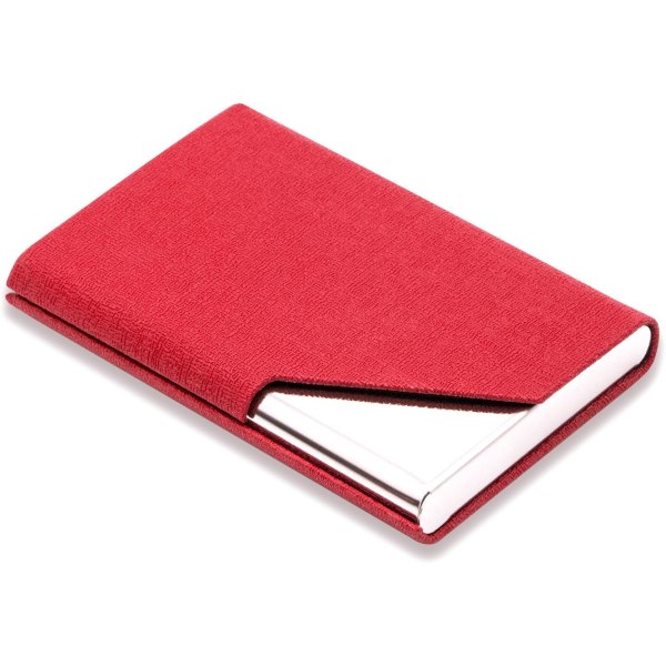 Visittkortholder luksus PU skinn og rustfritt stål multikortveske, visittkortholder lommebok Kredittkort ID-etui (rød)