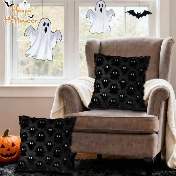 Sæt med 2 Halloween dekorative pudebetræk - 45 x 45 cm til sofa, stue, have, soveværelse og udendørs - Sort