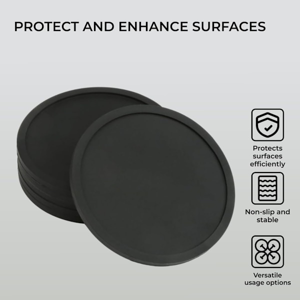 6 Kopper Pad Mat Sort - Rund Silikone Gummikop Underlag - Skridsikker til Kaffe Ølglas Vinglas Flaske Hjem & Bar - Silikone Kopmåtter black