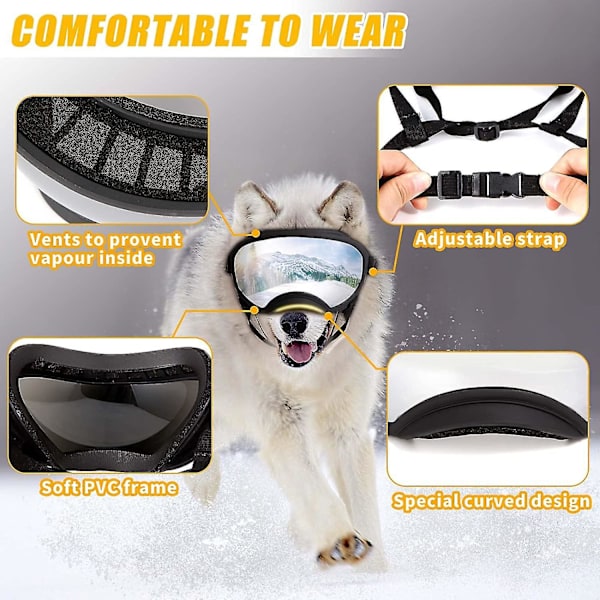 Yhsqv-koiran aurinkolasit UV-suojalla, säädettävällä hihnalla, tuulenpitävät, sumunsuojatut ulkoilulasit lemmikeille Black frame x clear glass