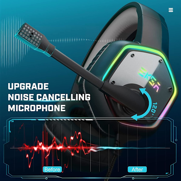 E1000 USB Gaming Headset for PC - Datamaskin Hodetelefoner med Mikrofon/Mic Støydemping, 7.1 Surround Sound Kablet Headset & RGB Lys(Grå)