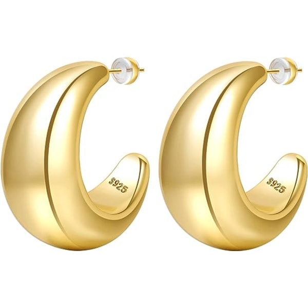 Chunky Gold Hoop Örhängen Hypoallergena 14K guldpläterade Hoop Örhängen Lättvikts Guld Tjock Hoop Örhängen Guld Hoops for Women Girls 30MM GULD