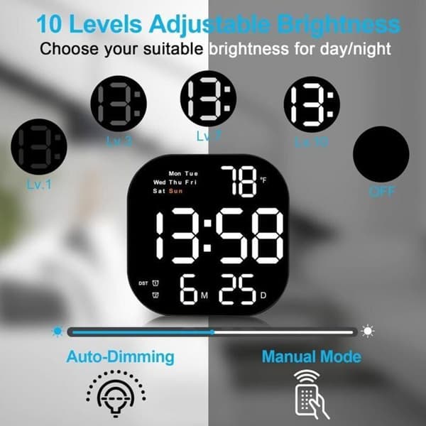 Stor väggklocka, 10,55-tums digital väggklocka med LED-display, veckodag, datum, sommartid, timer, temperatur