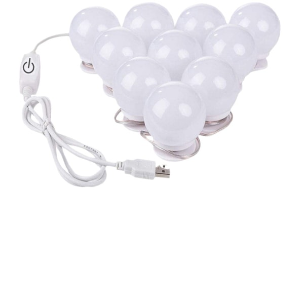 Speilbelysningssett, LED-sminkebelysning med 10 dimbare pærer, USB-feste for sminkespeil til garderobe, baderom, soverom