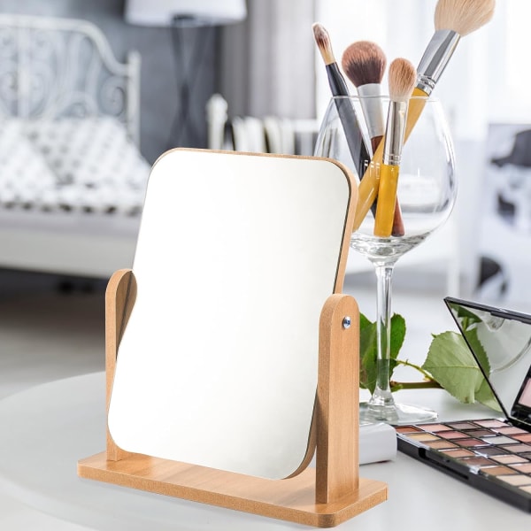 Træ Makeup Spejl Sminkebord Spejl 360° Drejelig Bord Spejl Kvadrat Spejl til Sminkebord Skrivebord, Badeværelse, Soveværelse