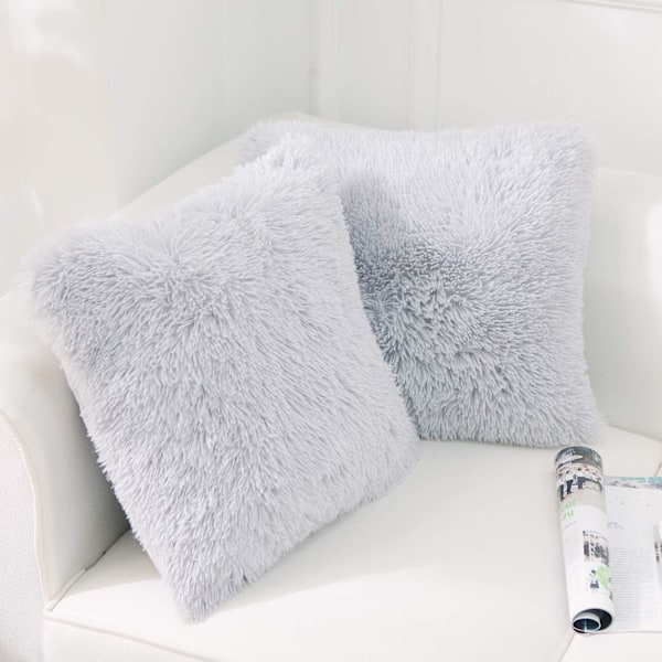 Pack of 2 Faux Fur Cushion Covers 45 x 45 Luxury Fluffy Decorative Fuzzy Square Throw Pillow Case 18 x 18 for Sofa Decor Grey