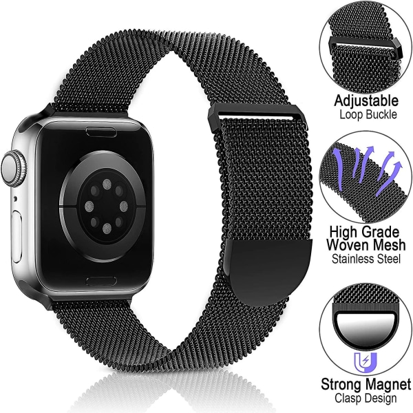 Metallbånd i rustfritt stål kompatibelt med Apple Watch-bånd 42 mm 44 mm 45 mm, svart sløyfe Justerbar stropp Magnetisk armbånd for Iwatch-serien 7 6 5 4 3