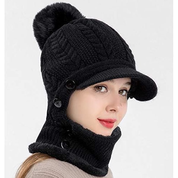 Dame Vinter Varm Strik Baseball Cap Ansigtsbandana Hals Gaiter med Fluffy Pom Pom (Sort)