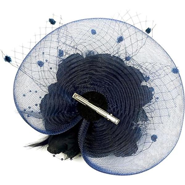 Dam Fascinator Pillbox Hatt Kvinnor Blomma Bowler Hatt Fjäder Bröllop Cocktail Hatt Hårklämma Fest Hatt Hårtillbehör med Hår(Djup Blå) Deep Blue