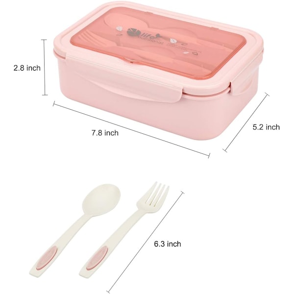 Lunsjboks, lekkasjesikker Bento-boks for barn og voksne, matbeholder med 3 rom og bestikksett, BPA-fri, mikrobølgeovn- og oppvaskmaskinsikker Pink