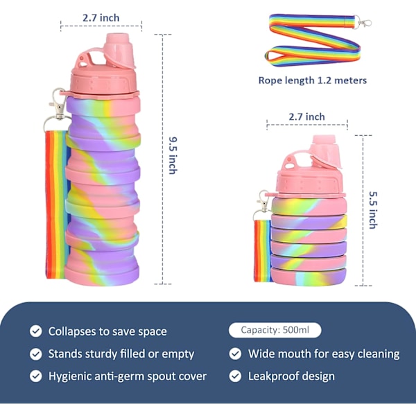 Silikoninen vesipullo lapsille, 500 ml kannettava kokoontaitettava vesipullo, vuotamaton silikoninen juomapullo hihnalenkeillä tytöille ja pojille Pink