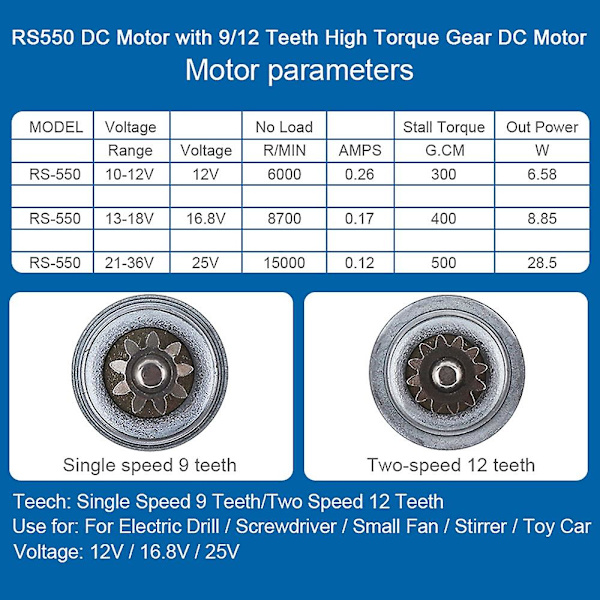 Rs550 18v 19500 Varv/min DC-motor med två hastigheter, 12 tänder och hög effekt för elektrisk borr/skruvdragare