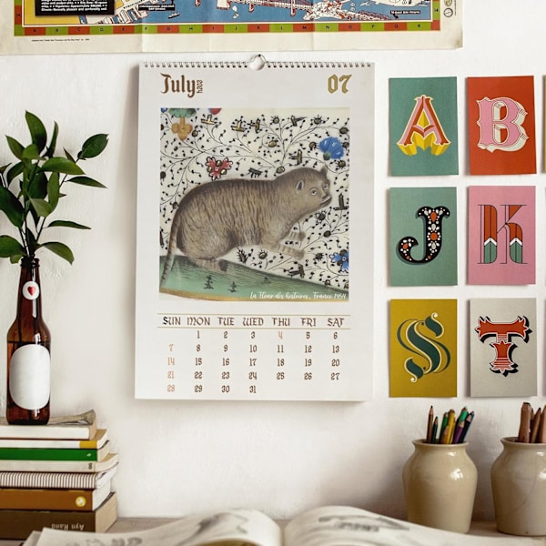 Rolig medeltida djurkalender 2024, konstig medeltida katter/hundar/ugglor/lejonkalender, rolig djurväggkalender, ful kattväggkalender månadshängande
