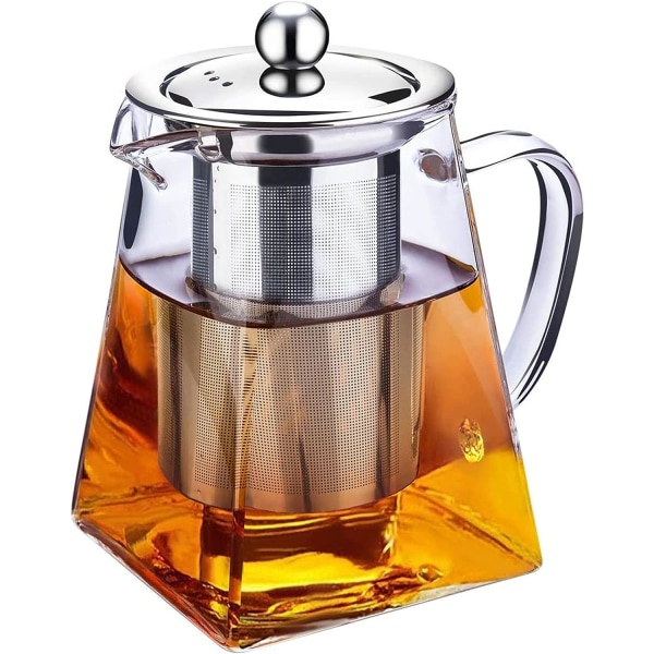 Klar glas tekande med infuser te si pot rustfrit stål i firkantet form tekande med infusere til løs te og kaffe (750ML-Square)