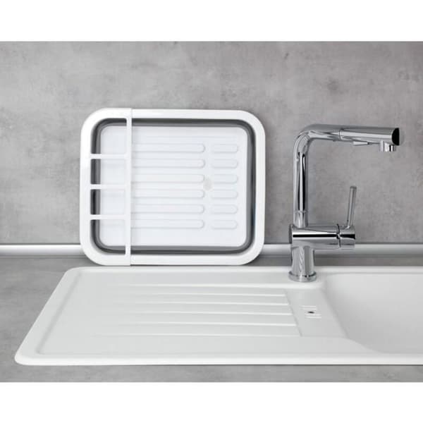 Hopfällbart diskställ, diskställ i plast, bestickhållare och tallriksstöd, plast, 36,5x13x31 cm, vit-grå