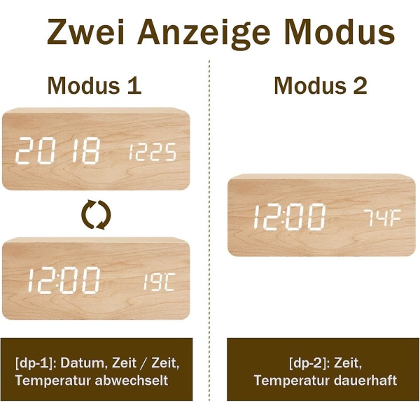 Träväckarklocka Modern LED-bordsur Digital väckarklocka Röst Touch Display Tid/datum/temperatur För Hem Sovrum Kontor Brun Orange