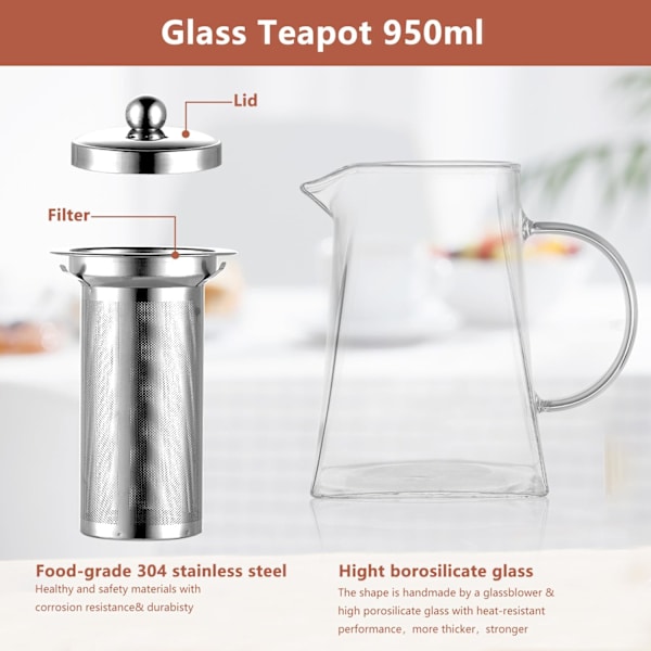 950 ml borosilikatglass tekanne, tekanne med teinfuser, stor firkantet tekanne med sil, komfyrtopp mikrobølgeovn trygg tekanne for 4-6 kopper